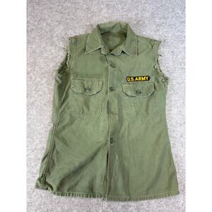 VINTAGE 70s US Army Shirt Men Medium Green Sateen OG-107 Fatigue Military Frayed